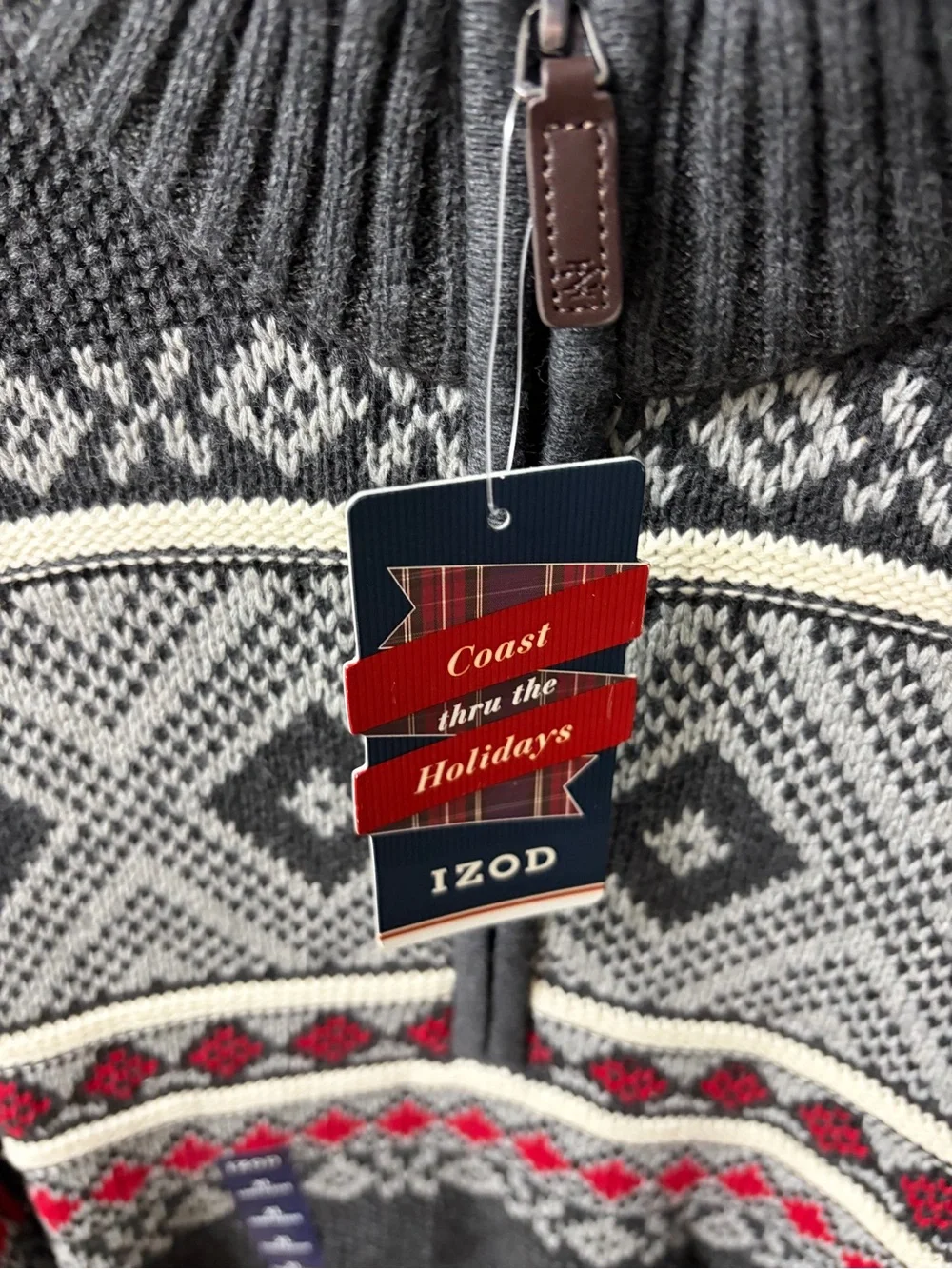 Izod Men's Gray Nordic Half-Zip Sweater with Red Accents